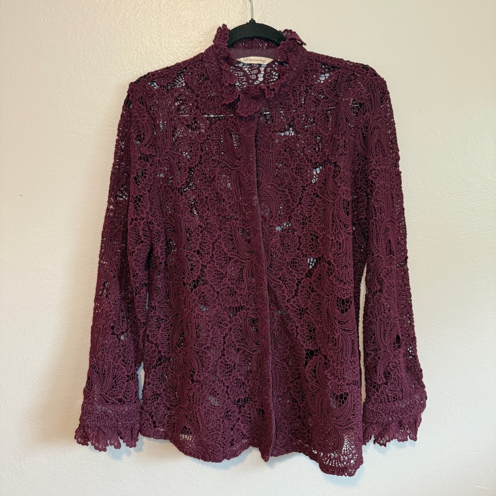 Soft Surroundings Women’s Burgundy Crochet Ruffle Lace Button Up Top Size Large